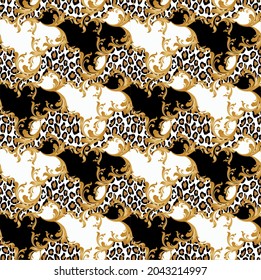 Seamless Leopard skin with Baroque Pattern. Vector Illustration.
