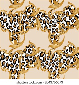 Seamless Leopard skin with Baroque Pattern. Vector Illustration.
