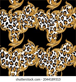 Seamless Leopard skin with Baroque Pattern. Vector Illustration.
