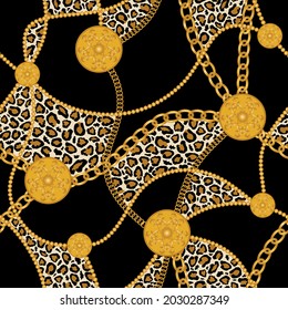 Seamless Leopard skin with Gold Chains, Baroque Pattern. Vector Illustration.
