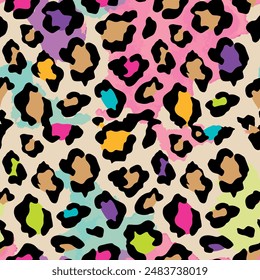 Seamless leopard skin pattern with abstract animal skin background elements in brown, orange, yellow, blue, pink, green, purple and black