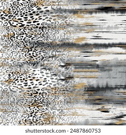 Seamless leopard skin pattern with abstract brush drawing, batik, tie-dye background elements in brown and black colors