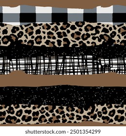 Seamless leopard skin pattern with abstract collage art and brush drawing, tartan and plaid background in brown, grey, black and white