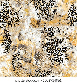 Seamless leopard skin pattern with abstract textured reptile african animal snake skin background elements in brown, yellow and black