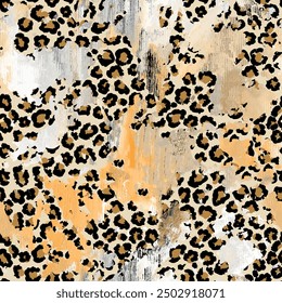 Seamless leopard skin pattern with abstract textured animal skin background elements in brown, black and grey