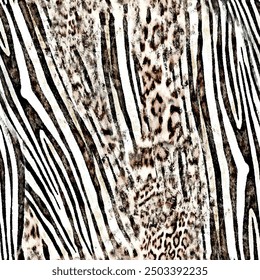 Seamless leopard skin pattern with abstract wild african animal jaguar, tiger and zebra skin background elements in brown and black colors