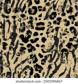 Seamless leopard skin pattern with abstract wild african animal zebra, jaguar and tiger skin background elements in brown and black colors