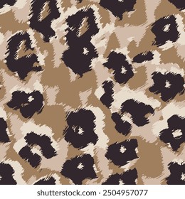 Seamless leopard skin pattern with abstract hand drawn art animal skin background elements in brown and black colors