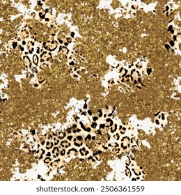 Seamless leopard skin pattern with abstract glitter background elements in brown, yellow and black