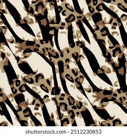 Patrón de piel de leopardo sin fisuras con arte abstracto dibujado a mano animal salvaje africano tigre y Elementos de fondo de piel de cebra en colores marrón y negro