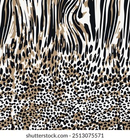 Seamless leopard skin pattern with abstract hand drawn art wild african animal jaguar, tiger and zebra skin background elements in brown, black and white colors