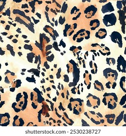 Seamless leopard skin pattern with abstract hand drawn art wild african animal jaguar skin background elements in brown and black colors