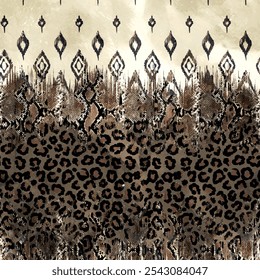 Seamless leopard skin pattern with abstract hand drawn art ikat and ethnic background elements in brown and black colors