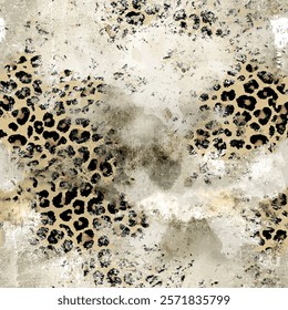 Seamless leopard skin pattern with abstract hand drawn art brush background elements in brown and black colors. Animal skin vector prepared for textile printing