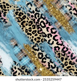 Seamless leopard skin pattern with blue, gold, brown, black and pink colored hand drawn art abstract glitter brush drawing and plaid background elements