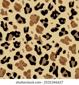 Seamless leopard skin pattern with brown, black and gold colored hand drawn art abstract glitter wild african animal skin background elements