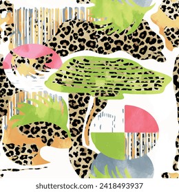 Seamless leopard skin pattern with brush drawing, collage, patchwork background elements in green, pink, yellow and brown