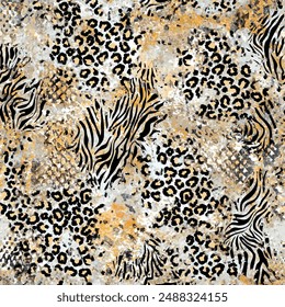 Patrón de piel de leopardo sin costuras con textura grunge cebra abstracta, tigre, Elementos de fondo de animales salvajes en colores marrón y negro