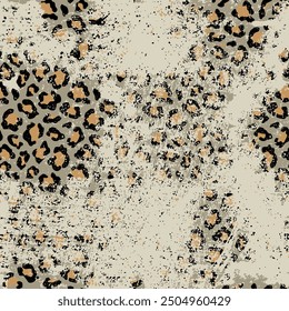 Seamless leopard skin pattern with hand drawn art textured jaguar animal skin background elements in brown and black colors