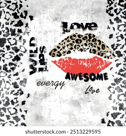 Seamless leopard skin pattern with hand drawn art brush drawing, lips and text background elements in brown and red color