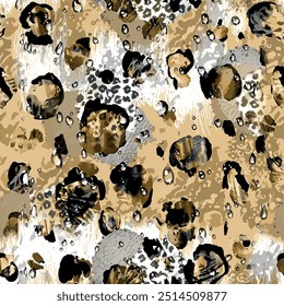 Seamless leopard skin pattern with hand drawn art wild african animal jaguar skin background elements in brown, grey, black and white colors