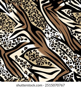 Seamless leopard skin pattern with hand drawn art wild african animal tiger and zebra skin background elements in brown and black colors