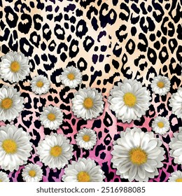 Padrão de pele de leopardo sem costura com desenhos à mão padrões de fundo florais e margaridas em marrom, amarelo, rosa e preto