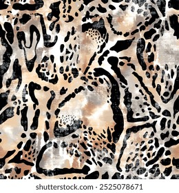 Seamless leopard skin pattern with hand drawn art wild african animal jaguar skin background elements in brown and black colors