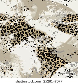 Seamless leopard skin pattern with hand drawn art wild african animal skin and brush background elements in brown, black and white colors