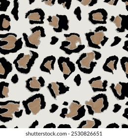 Seamless leopard skin pattern with hand drawn art wild african animal jaguar skin background elements in brown and black colors