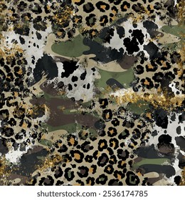 Seamless leopard skin pattern with hand drawn art abstract cowhide and military camouflage background elements in green, brown and black colors