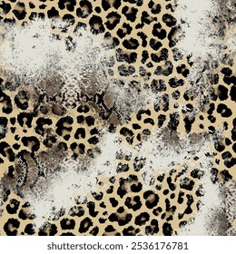 Seamless leopard skin pattern with hand drawn art abstract brush drawing and snake skin background elements in brown and black colors