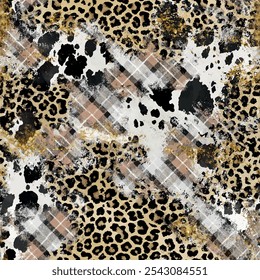 Seamless leopard skin pattern with hand drawn art abstract tartan and plaid background elements in brown, black and white colors