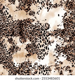 Seamless leopard skin pattern with hand drawn art abstract brush camouflage background elements in brown and black colors