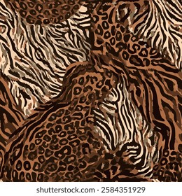 Seamless leopard skin pattern with hand drawn art abstract zebra skin and tiger skin background elements in brown and black colors