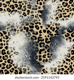 Seamless leopard skin pattern with hand drawn art abstract brush and wild african animal skin background elements in brown and black colors