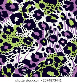 Seamless leopard skin pattern with hand drawn art abstract animal skin background elements in purple, green, black and white color