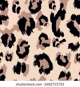 Seamless leopard skin pattern with hand drawn art abstract wild african animal skin background elements in brown and black colors