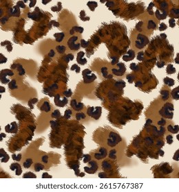 Seamless leopard skin pattern with hand drawn art abstract wild african animal skin background elements in brown and black colors