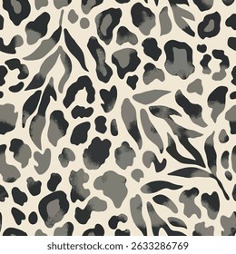 Seamless leopard skin pattern with hand drawn art abstract brush drawing wild african animal skin background elements in brown, black and grey colors