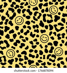 Seamless Leopard Skin Pattern With Happy Face Icon. Smiling Emoticon Texture. Smile Background. Smile Face Icon All Over Print. Happy Faces. Leopard Skin Background.