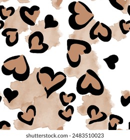 Seamless leopard skin pattern with isolated watercolor textured abstract heart design background elements in brown and black