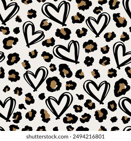 Seamless leopard skin pattern with isolated abstract hand drawn art heart background elements in brown and black colors