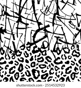 Seamless leopard skin pattern with isolated abstract hand drawn art line and brush background elements in black and white colors