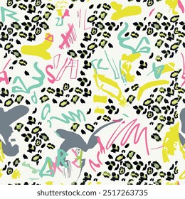 Seamless leopard skin pattern with isolated hand drawn art brush background elements in yellow, green, pink and grey color