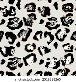 Seamless leopard skin pattern with isolated abstract hand drawn art newspaper print background elements in black and cream colors