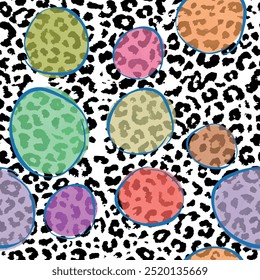 Seamless leopard skin pattern with isolated abstract hand drawn art line round circle background elements in pink, yellow, green, orange, purple and black colors