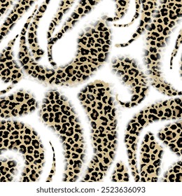 Seamless leopard skin pattern with isolated abstract hand drawn art brush background elements in black and brown colors