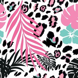 Seamless Leopard Skin Pattern With Pink And Blue Tropical Leaf Elements. Tropical Leaf And Leopard Skin Design. Abstract Art Textile Print Vector