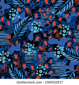 Seamless leopard skin pattern with tropical leaves. Vector.